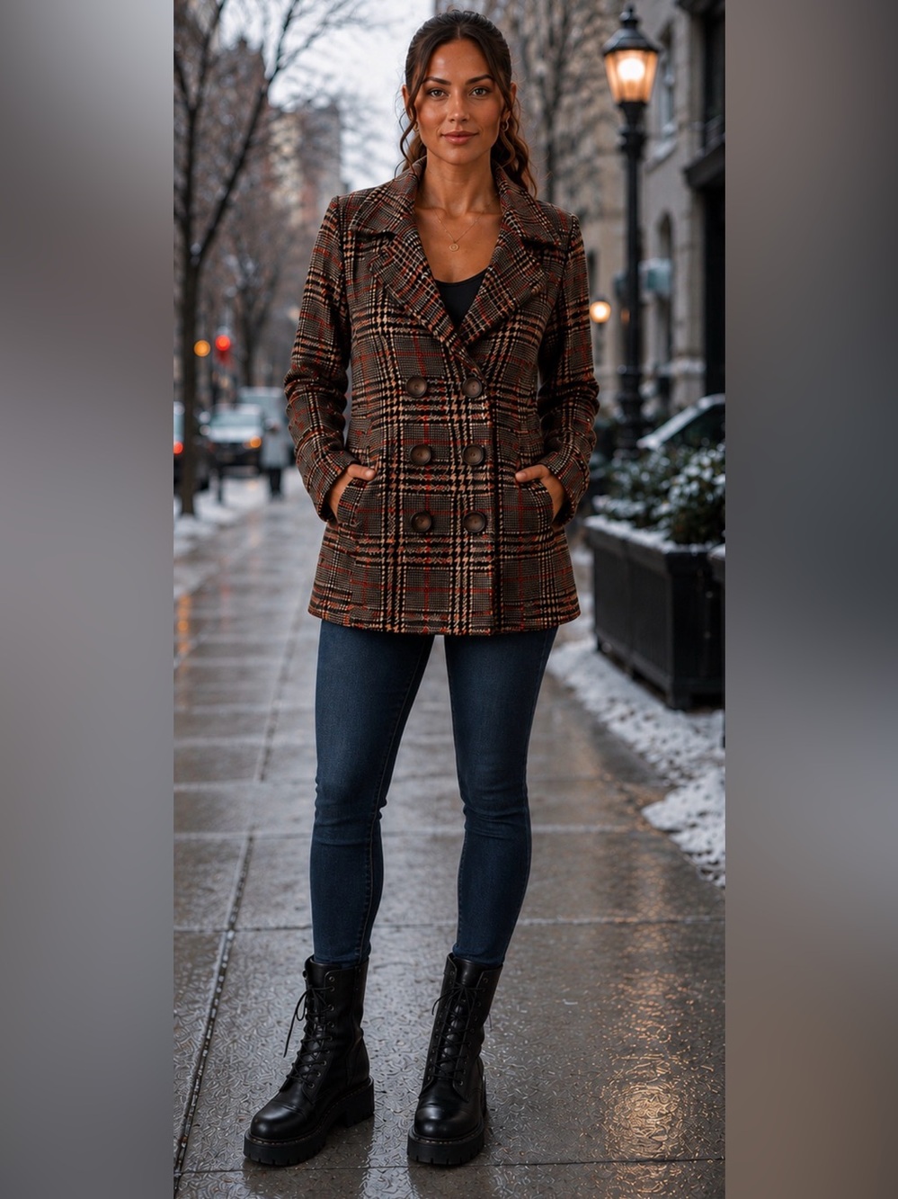 Me Jane Brown Plaid Double-Breasted Pea Coat
